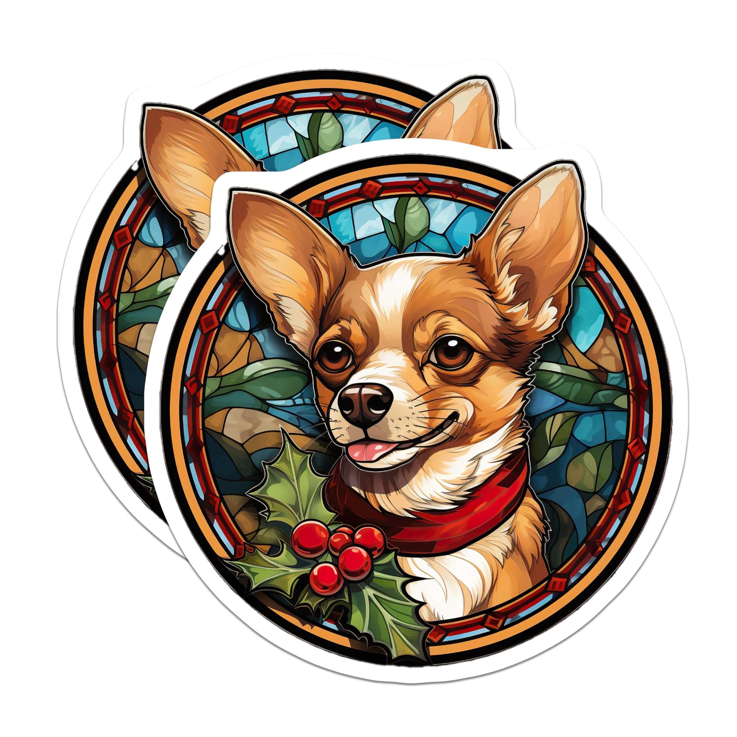 (2 Pack) Chihuahua Magnets - Stained Glass Christmas Dog Art - Festive Winter Holiday Pet Decor for Home - 5 Inches On Longest Side - Thick Durable Magnet - Made in USA - MAG24878