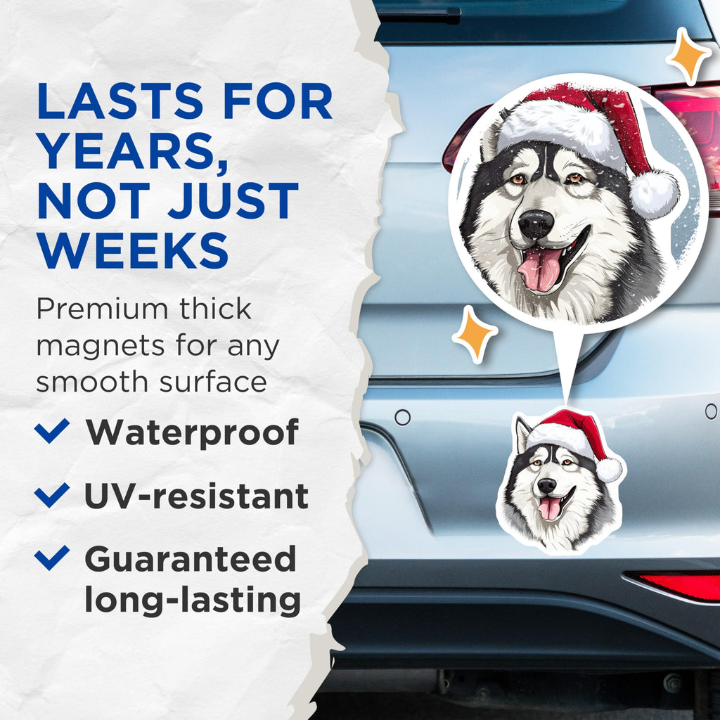 (2 Pack) Christmas Husky Magnets - Santa Hat Dog Decor - Holiday Refrigerator Art for Dog Lovers - 5 Inches On Longest Side - Thick Durable Magnet - Made in USA - MAG30527