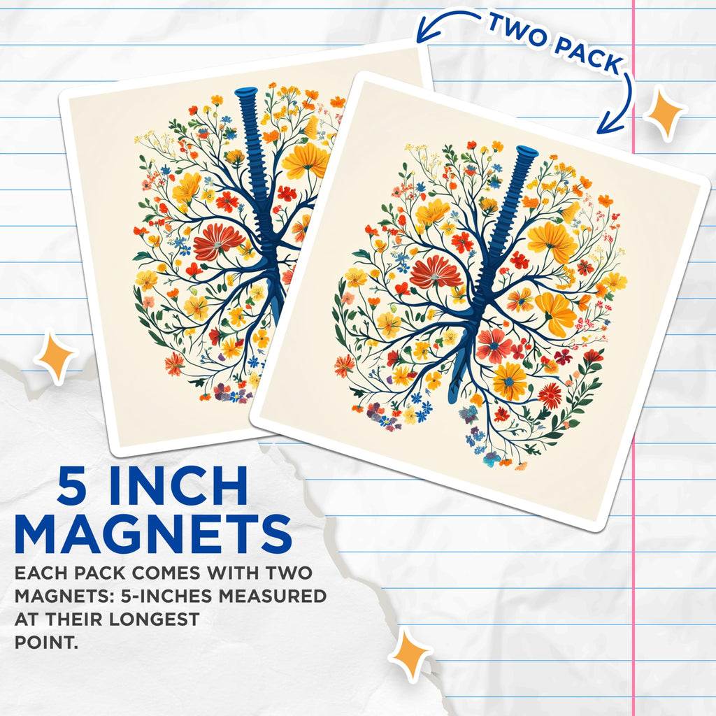 (2 Pack) Floral Lungs Magnets - Botanical Anatomy Art - Respiratory System Decor - 5 Inches On Longest Side - Thick Durable Magnet - Made in USA - MAG24285