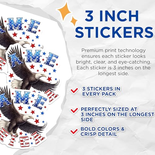 (3 Pack) Patriotic Eagle Decals - America Decal - Laptop Decals - 3 Inches On Longest Side - Easy Peel & Apply - Made in USA - 3MCS6174