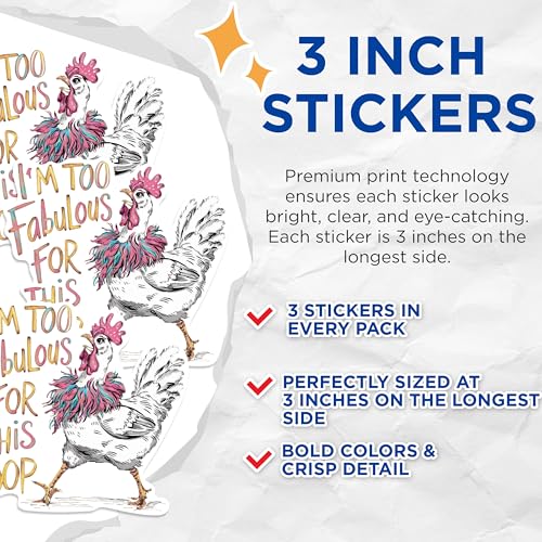 (3 Pack) Fabulous Chicken Decals - Funny Rooster Art - Sassy Bird Laptop Decal - 3 Inches On Longest Side - Easy Peel & Apply - Made in USA - 3MCS0917