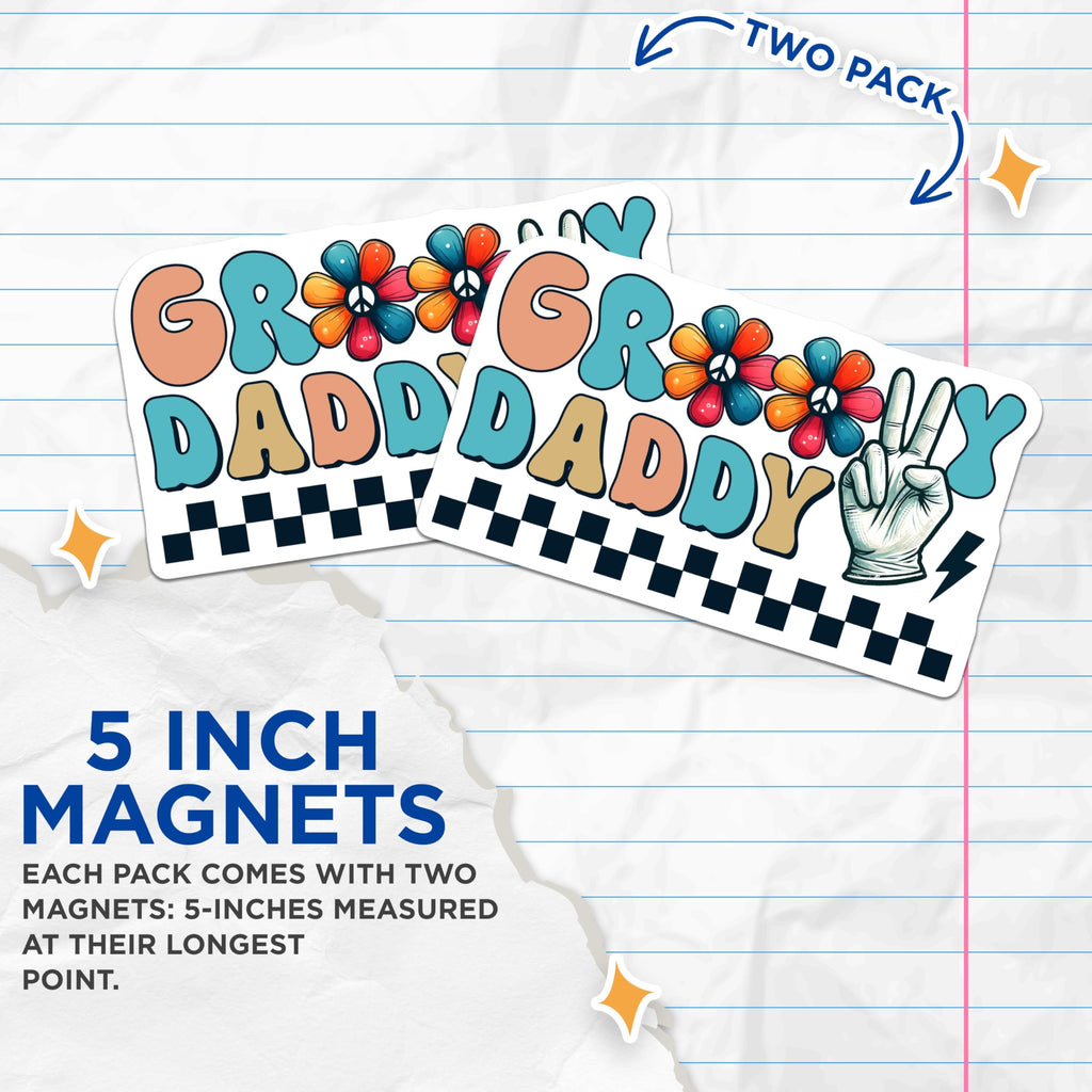 (2 Pack) Groovy Daddy Magnets - Retro Dad Decor - Funky 70s Vibes - 5" On Longest Side - for Cars, Fridges, Toolboxes - Made in USA - MAG7490