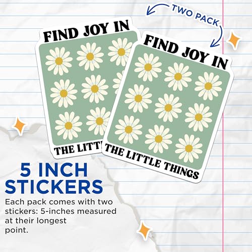 (2 Pack) Find Joy Stickers - Motivational Quote Stickers - Cute Flower Stickers - 5" On Longest Side - Sticks to Smooth Flat Surfaces - Made in USA - BMCS3860
