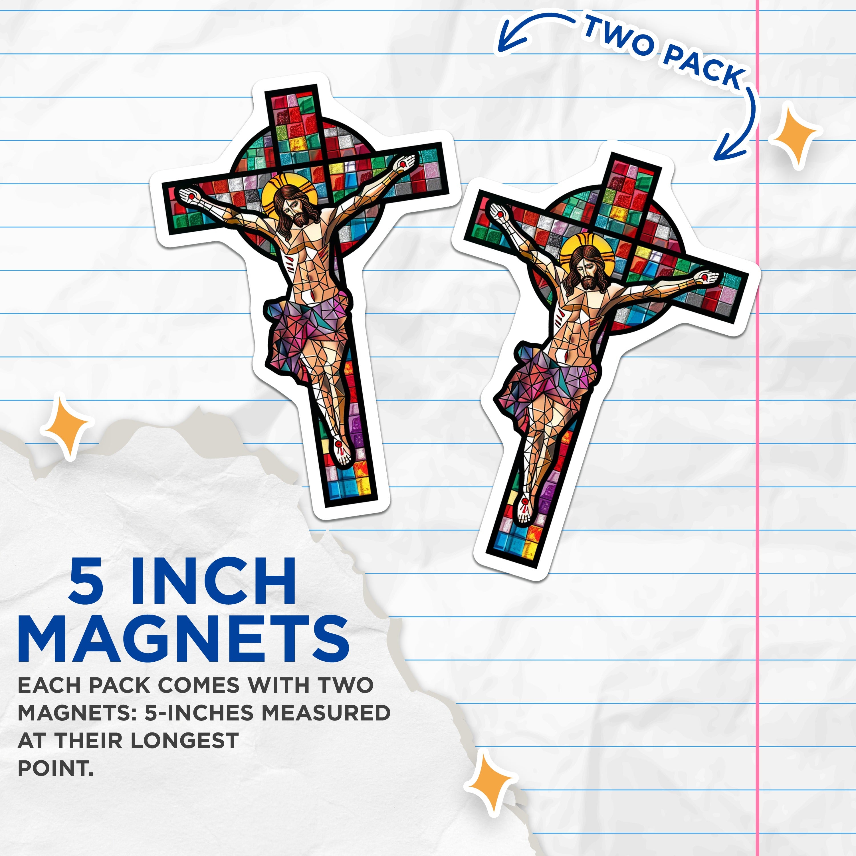 (2 Pack) Stained Glass Jesus Christ Cross Magnets - Christian Religious Art Decor - Catholic Faith Symbolism - 5 Inches On Longest Side - Thick Durable Magnet - Made in USA - MAG37056