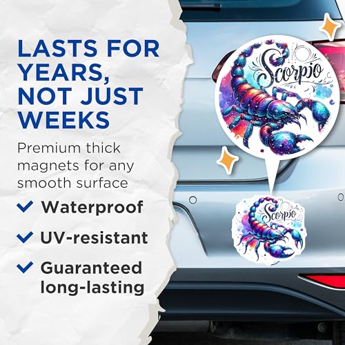 (2 Pack) Scorpio Zodiac Magnets - Astrology Home Decor - Celestial Scorpion Illustration - 5" On Longest Side - for Cars, Fridges, Toolboxes - Made in USA - MAG6894