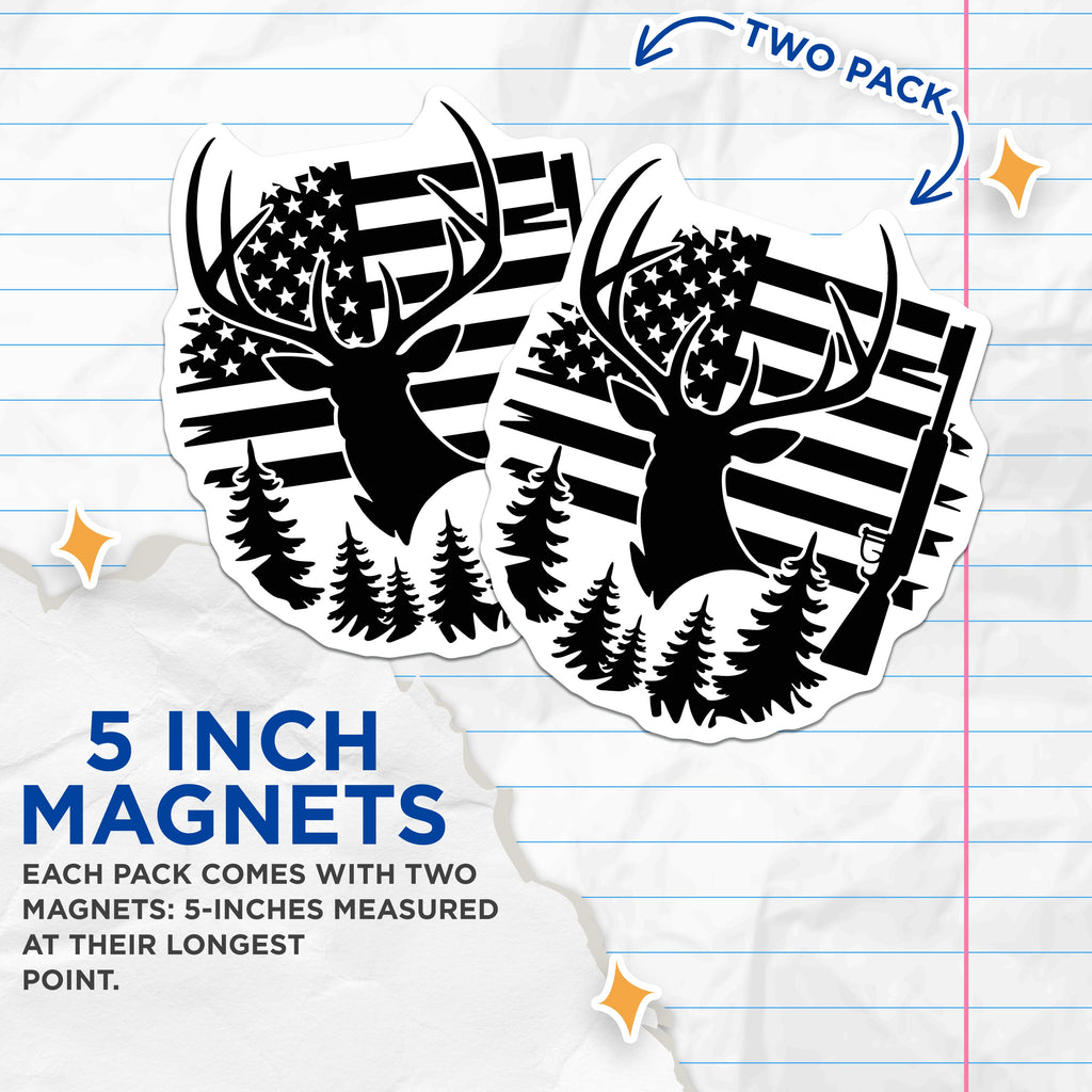 (2 Pack) American Flag Hunting Magnets - Deer Head Outdoorsman Decor - Man Cave Rustic Style - 5 Inches On Longest Side - Thick Durable Magnet - Made in USA - MAG37728