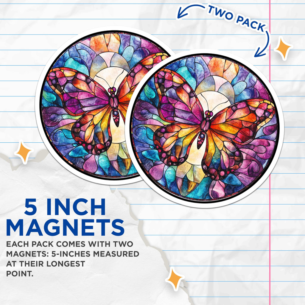 (2 Pack) Stained Glass Butterfly Magnets - Vibrant Fridge Decor - Artistic Home Accent - 5 Inches On Longest Side - Thick Durable Magnet - Made in USA - MAG30227