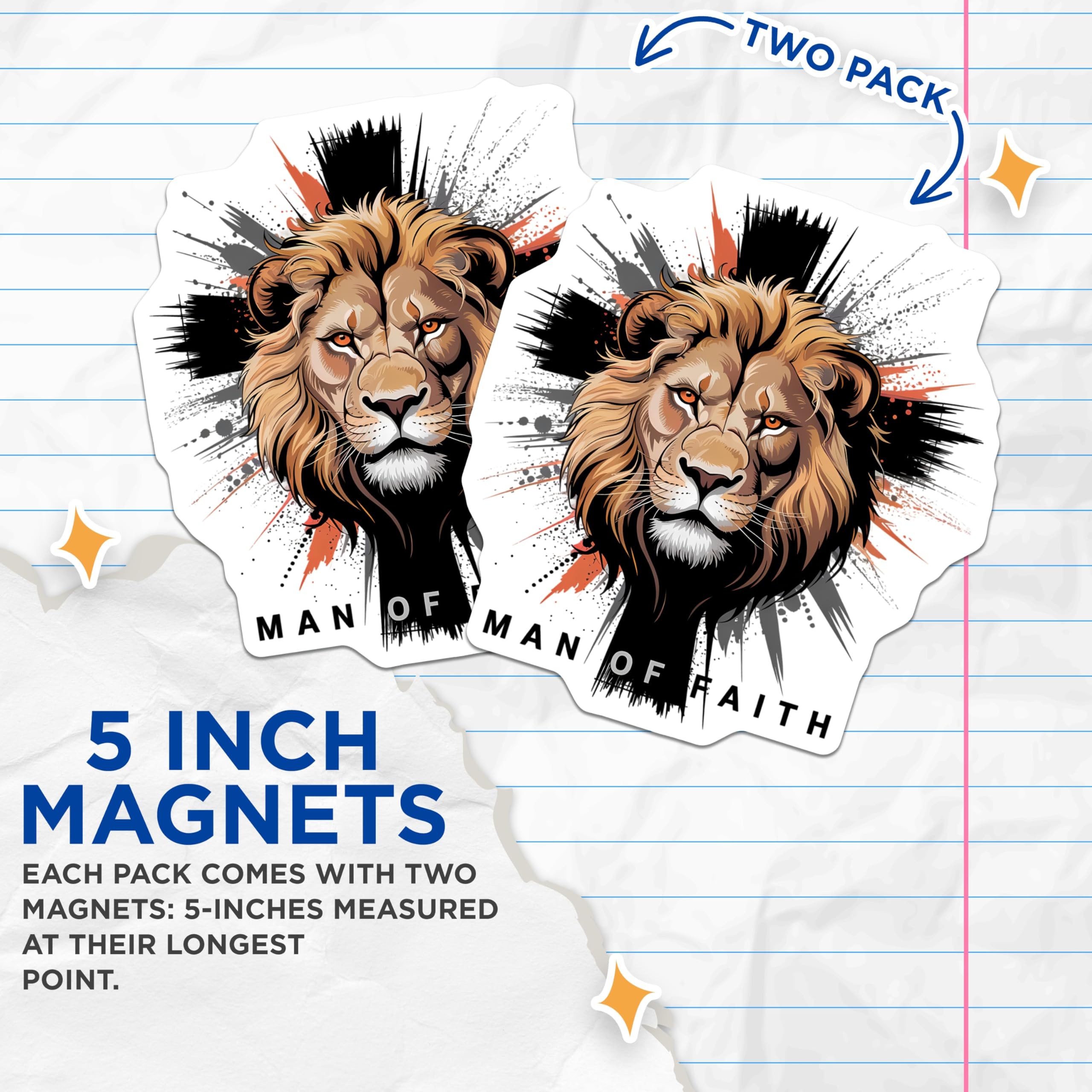 (2 Pack) Courageous Lion of Faith Magnets - Christian Cross Spiritual Decor - Inspirational Statement for Men of God - 5 Inches On Longest Side - Thick Durable Magnet - Made in USA - MAG20956