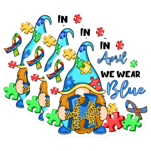 (3 Pack) Autism Awareness Decals - Gnome Puzzle Piece - We Wear Blue - 3 Inches On Longest Side - Easy Peel & Apply - Made in USA - 3MCS7574