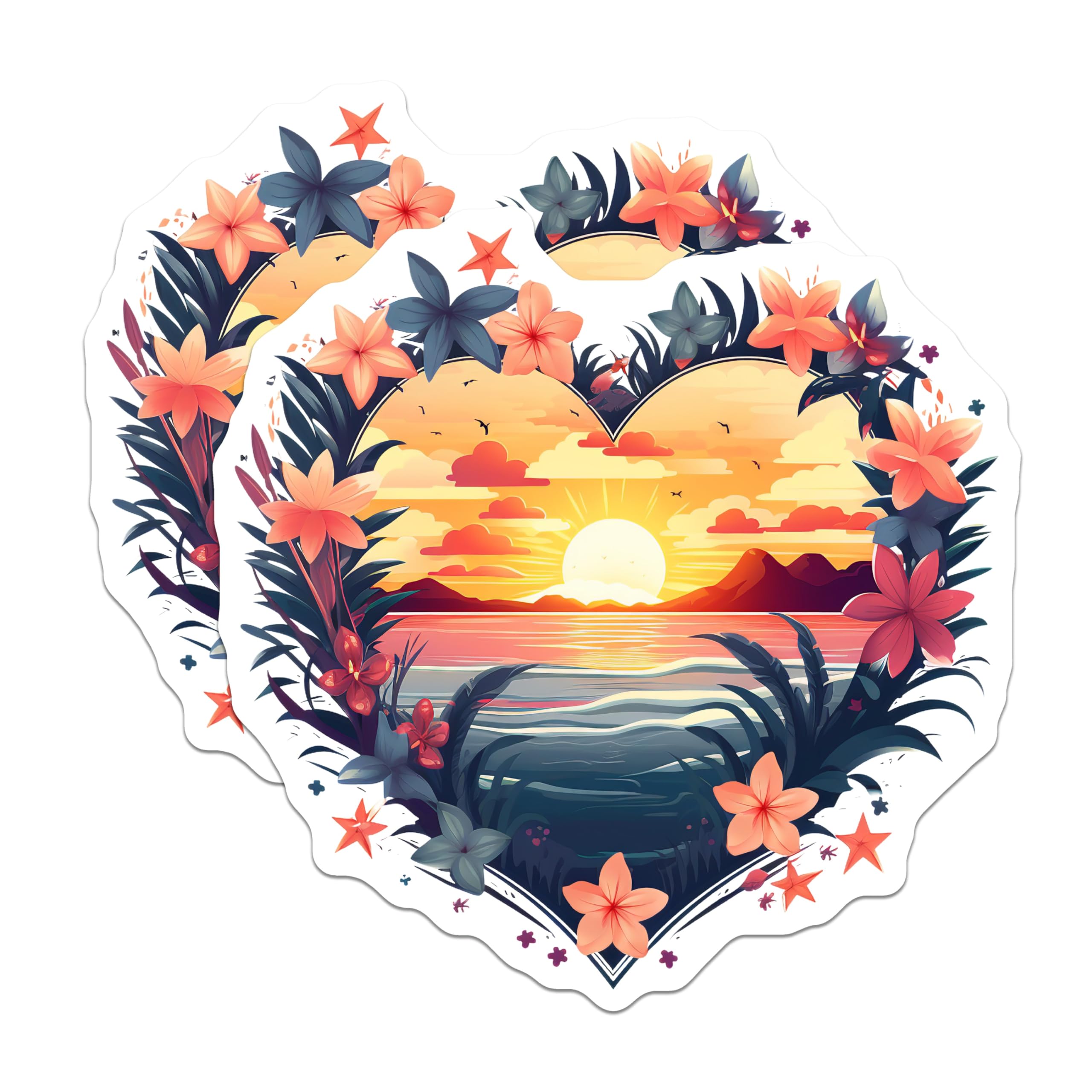 (2 Pack) Tropical Sunset Ocean Scene Magnets - Heart Shaped Floral Jungle Decor - Vibrant Beach Paradise Landscape Art - 5 Inches On Longest Side - Thick Durable Magnet - Made in USA - MAG19645
