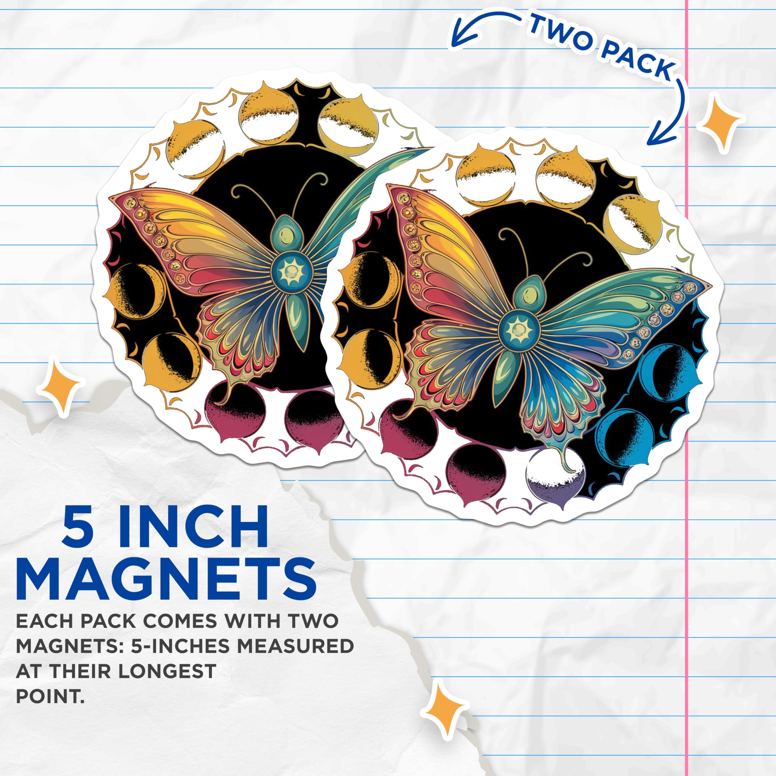 (2 Pack) Butterfly Moon Phase Magnets - Celestial Art - Boho Kitchen Decor - 5" On Longest Side - Premium Magnet - for Cars, Refrigerators, Toolboxes, Lockers - Made in USA - MAG15939