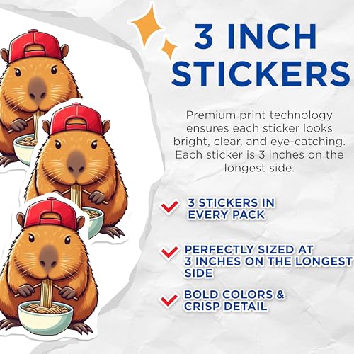 (3 Pack) Capybara Ramen Decals - Cute Animal Sticker - Laptop Hydroflask Decal - 3 Inches On Longest Side - Easy Peel & Apply - Made in USA - 3MCS8665