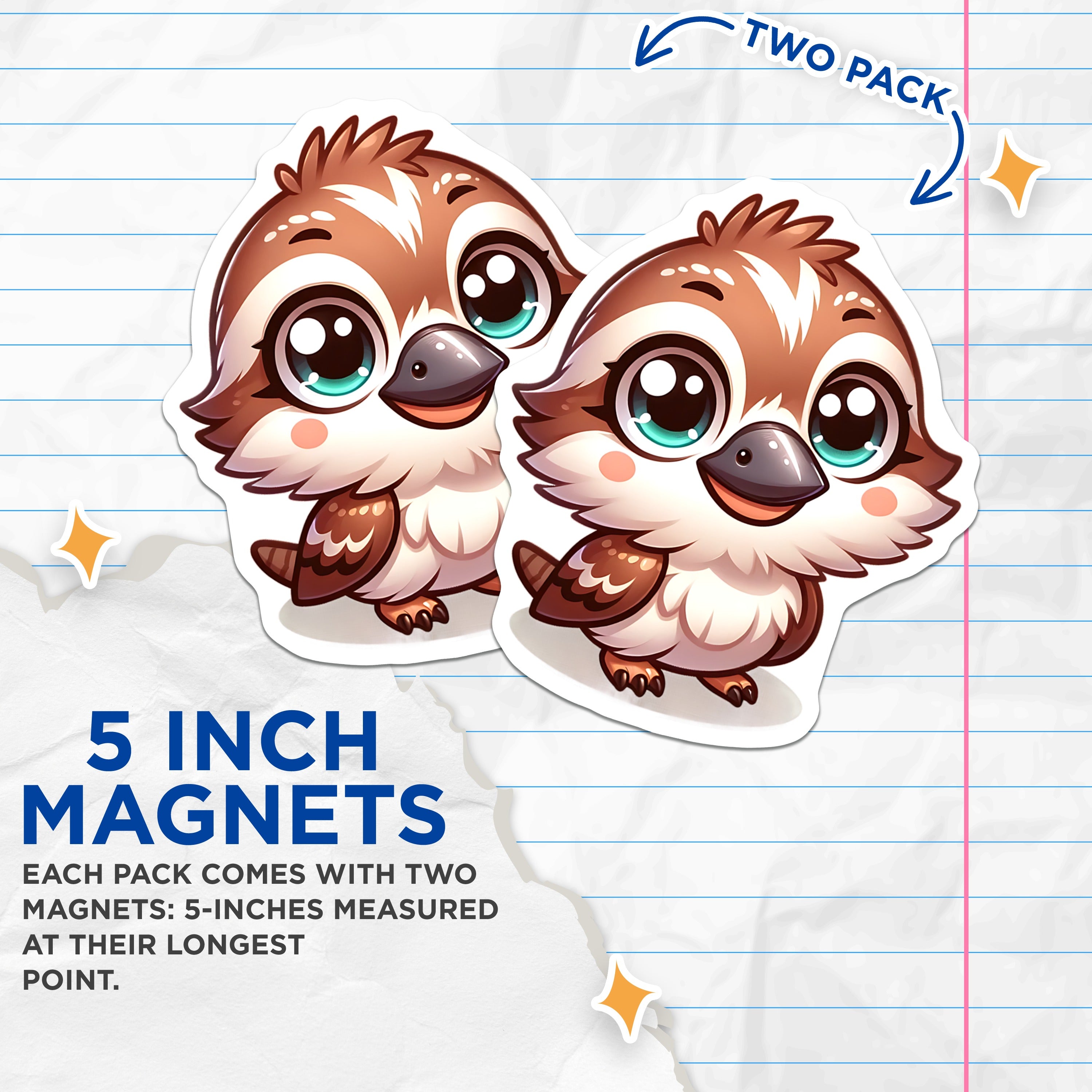 (2 Pack) Cute Bird Magnets - Kawaii Sparrow Decor - Refrigerator Animal Lover - Locker Art - 5 Inches On Longest Side - Thick Durable Magnet - Made in USA - MAG37026