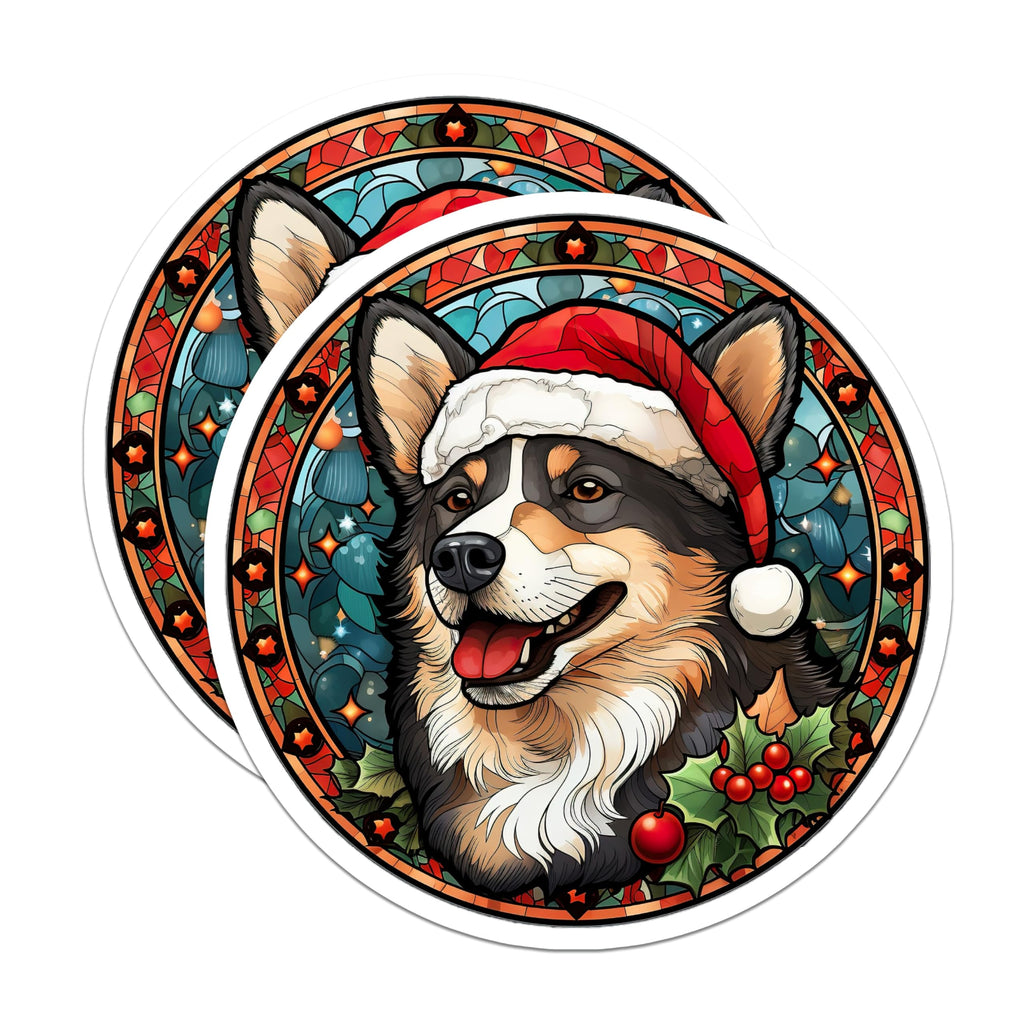 (2 Pack) Corgi Christmas Magnets - Stained Glass Dog Art - Holiday Decor Pet Lover Refrigerator - 5 Inches On Longest Side - Thick Durable Magnet - Made in USA - MAG26648