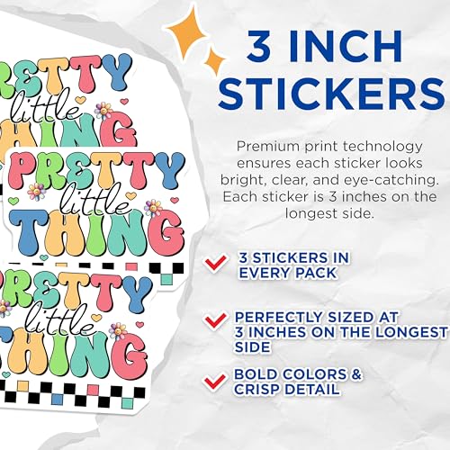 (3 Pack) Pretty Little Thing Decals - Retro Flower - Colorful Laptop - 3 Inches On Longest Side - Easy Peel & Apply - Made in USA - 3MCS7225