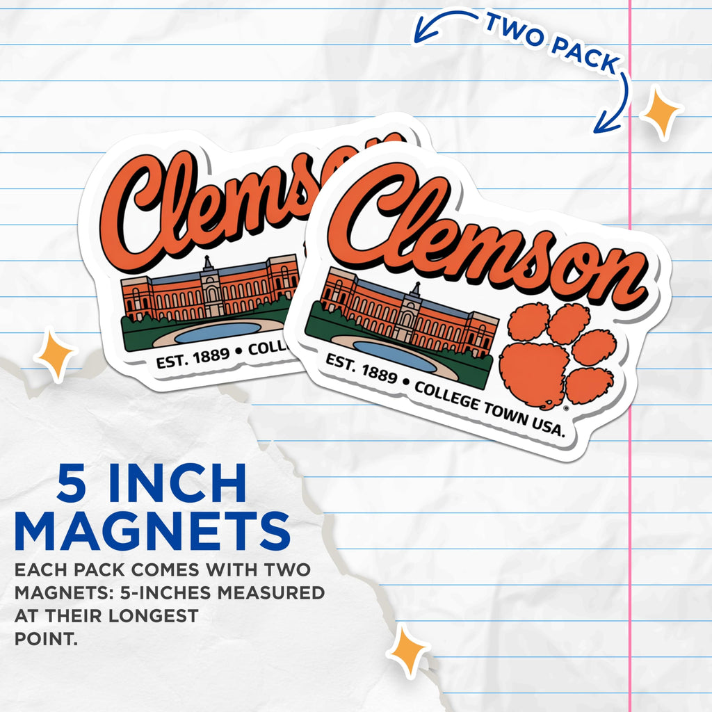 (2 Pack) Clemson University Magnets - College Town Decor - Tiger Paw Refrigerator Magnet - 5" On Longest Side - Premium Magnet - for Cars, Refrigerators, Toolboxes, Lockers - Made in USA - MAG17324