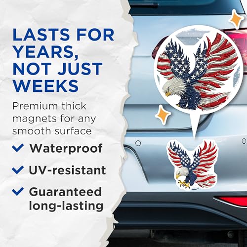 (2 Pack) American Flag Eagle Magnets - Patriotic Home Decor - USA Pride - Detailed Bald Eagle Art - Fridge Magnets - 5" On Longest Side - for Cars, Fridges, Toolboxes - Made in USA - MAG7155