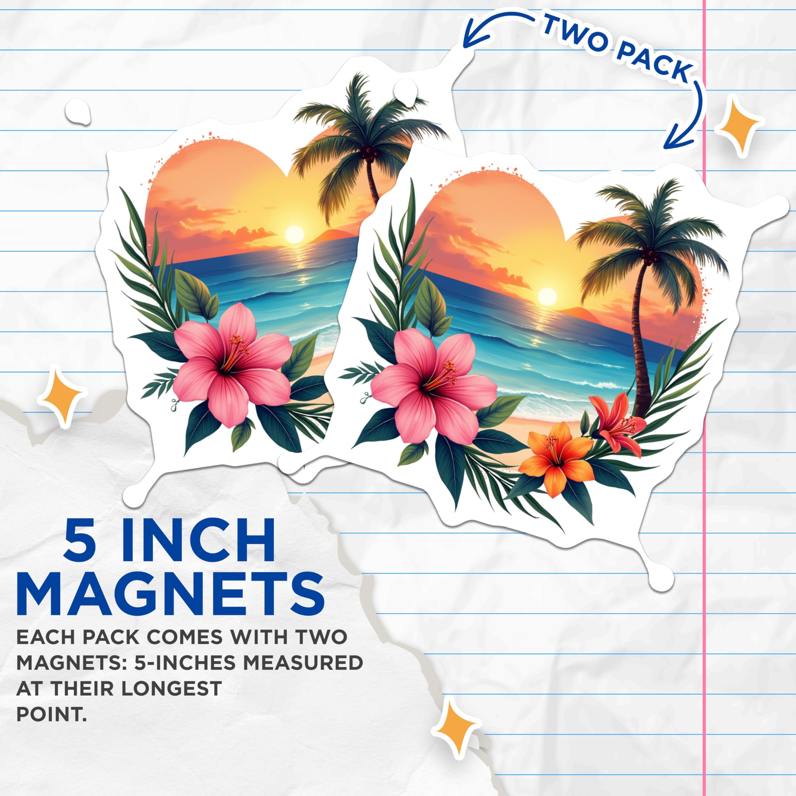 (2 Pack) Tropical Beach Sunset Magnets - Hawaiian Palm Tree Hibiscus - Coastal Ocean Heart Decor Refrigerator - 5 Inches On Longest Side - Thick Durable Magnet - Made in USA - MAG28072