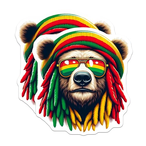 (2 Pack) Rasta Bear Stickers - Cool Bear Sticker - Rasta Theme Sticker - Bear Sticker - 5" On Longest Side - Sticks to Smooth Flat Surfaces - Made in USA - BMCS4383