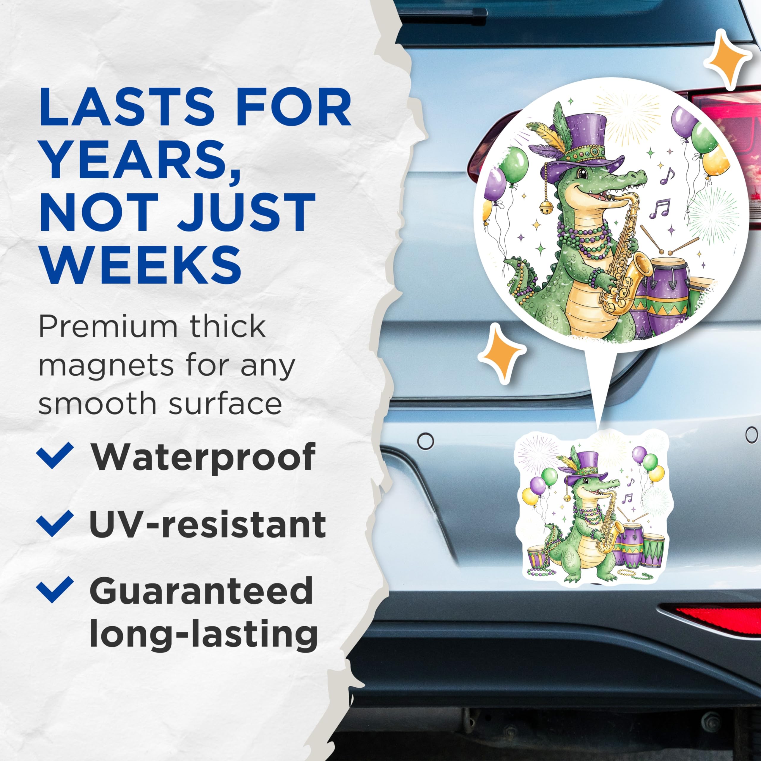 (2 Pack) Mardi Gras Magnets - Alligator Saxophone - New Orleans Decor - 5" On Longest Side - Premium Magnet - for Cars, Refrigerators, Toolboxes, Lockers - Made in USA - MAG14825
