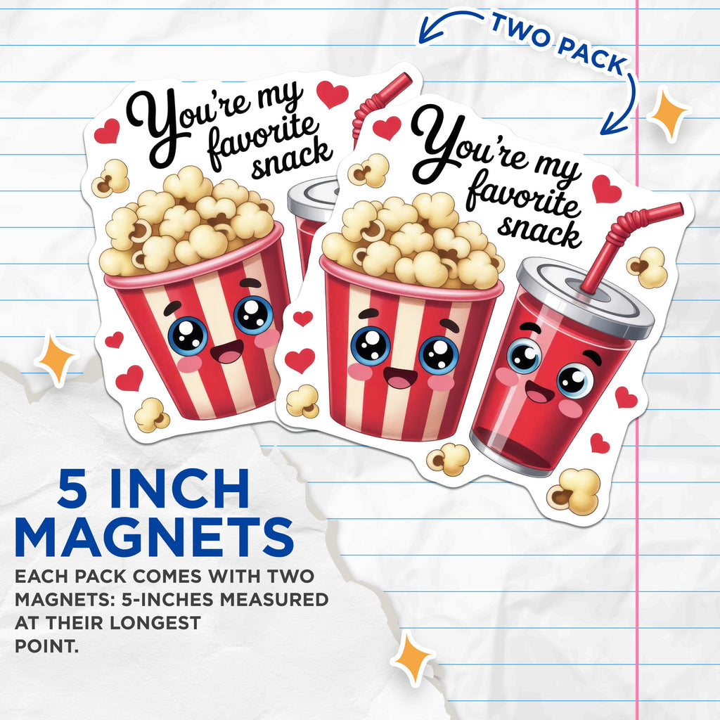 (2 Pack) Favorite Snack Magnets - Cute Food Couple Magnet - Popcorn Soda Fridge Magnet - Love Quote Valentine Decal - Kawaii Sweet - 5" - Durable Magnet - Made in USA - MAG38870