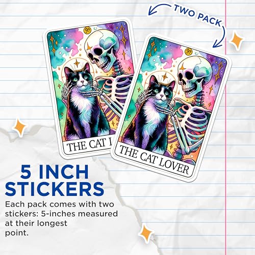(2 Packs) The Cat Lover Tarot Card Stickers - Skull with Cat Decals - 5 Inches On Longest Side - Premium Vinyl Decal - Sticks to Any Smooth Flat Surface - Made in USA - BMCS2538