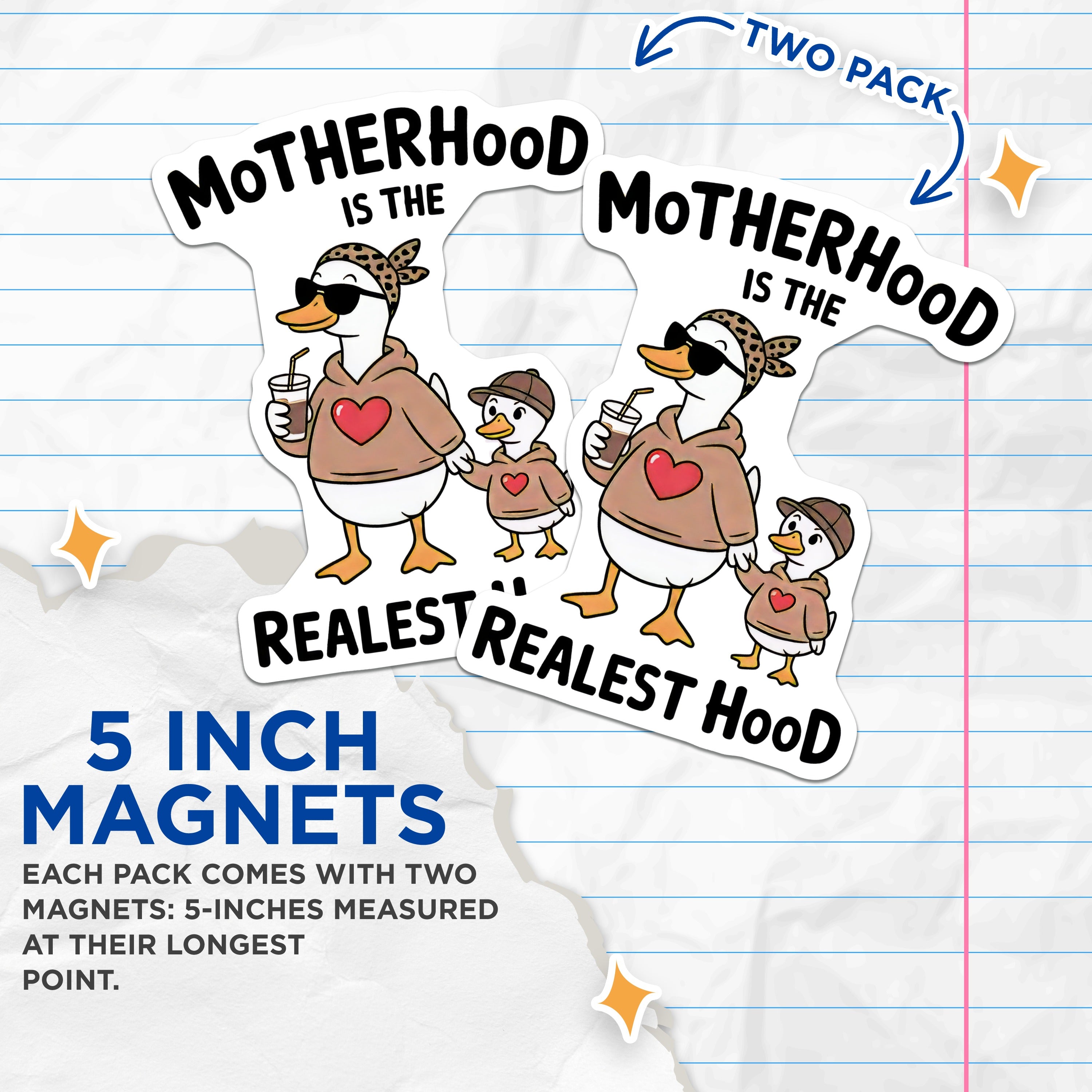 (2 Pack) Motherhood Realest Hood Magnets - Funny Mom Life Decor - Mama Duck Cartoon Art - 5 Inches On Longest Side - Thick Durable Magnet - Made in USA - MAG38268