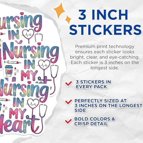 (3 Pack) Nurse Decals - Nursing in My Heart - Medical Stickers- 3 Inches On Longest Side - Easy Peel & Apply - Made in USA - 3MCS5274