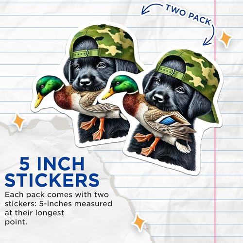 (2 Pack) Labrador Retriever Dog Stickers - Cute Animal Lover Decals - Dog Wearing Hat with Duck - 5" On Longest Side - Sticks to Smooth Flat Surfaces - Made in USA - BMCS6037
