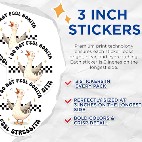 (3 Pack) I Do Not Feel Bonita Decals - Stress Goose Meme - Funny Laptop Stickers - 3 Inches On Longest Side - Easy Peel & Apply - Made in USA - 3MCS8437