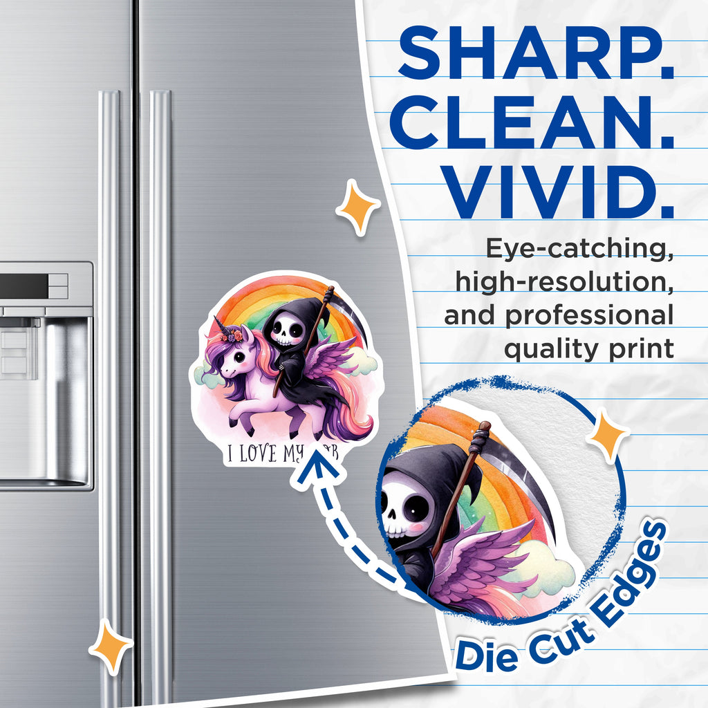 (2 Pack) Cute Grim Reaper Magnets - Unicorn Rainbow Pastel Goth Decor - Funny Work Sarcastic Quote Refrigerator Magnet - 5 Inches On Longest Side - Thick Durable Magnet - Made in USA - MAG37637