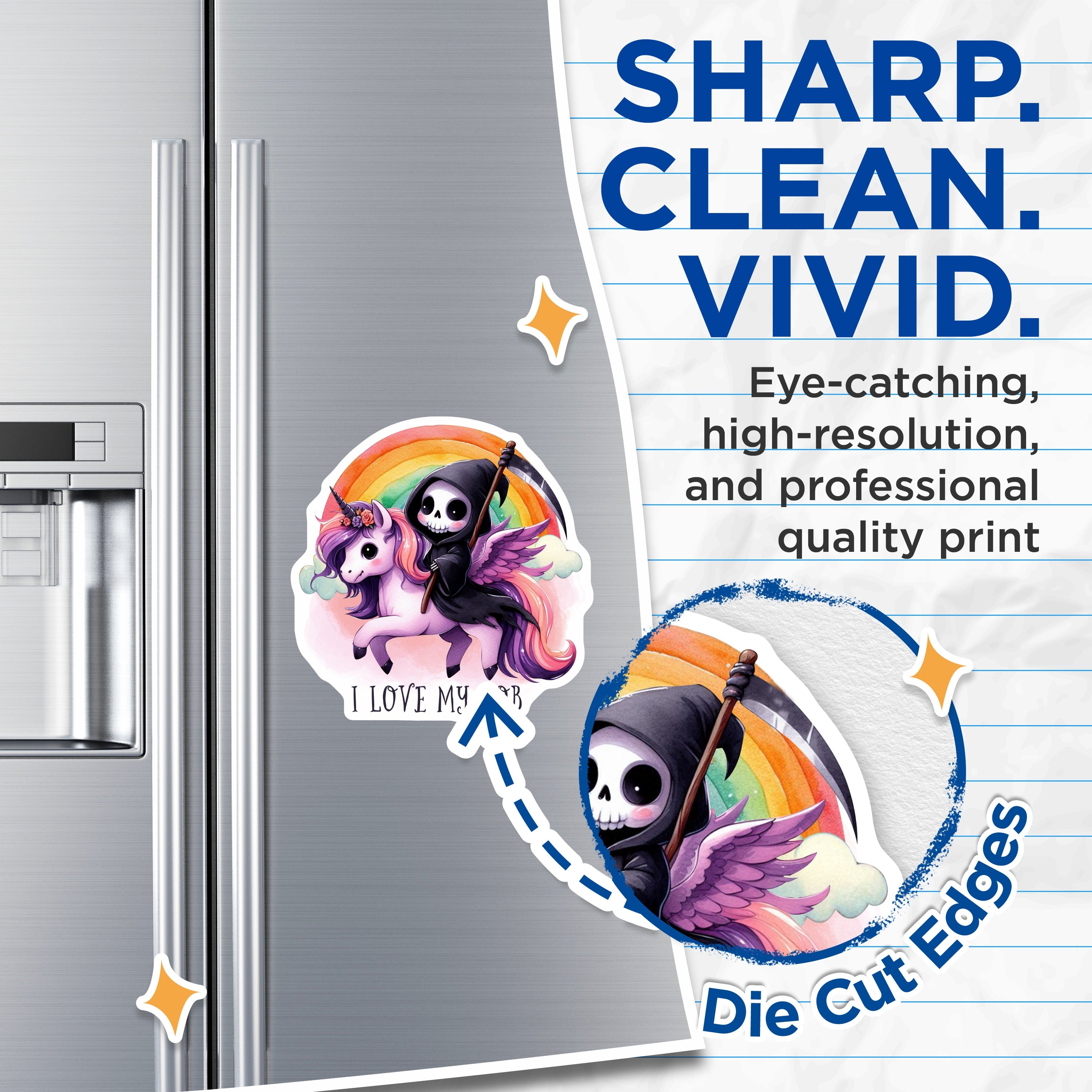 (2 Pack) Cute Grim Reaper Magnets - Unicorn Rainbow Pastel Goth Decor - Funny Work Sarcastic Quote Refrigerator Magnet - 5 Inches On Longest Side - Thick Durable Magnet - Made in USA - MAG37637