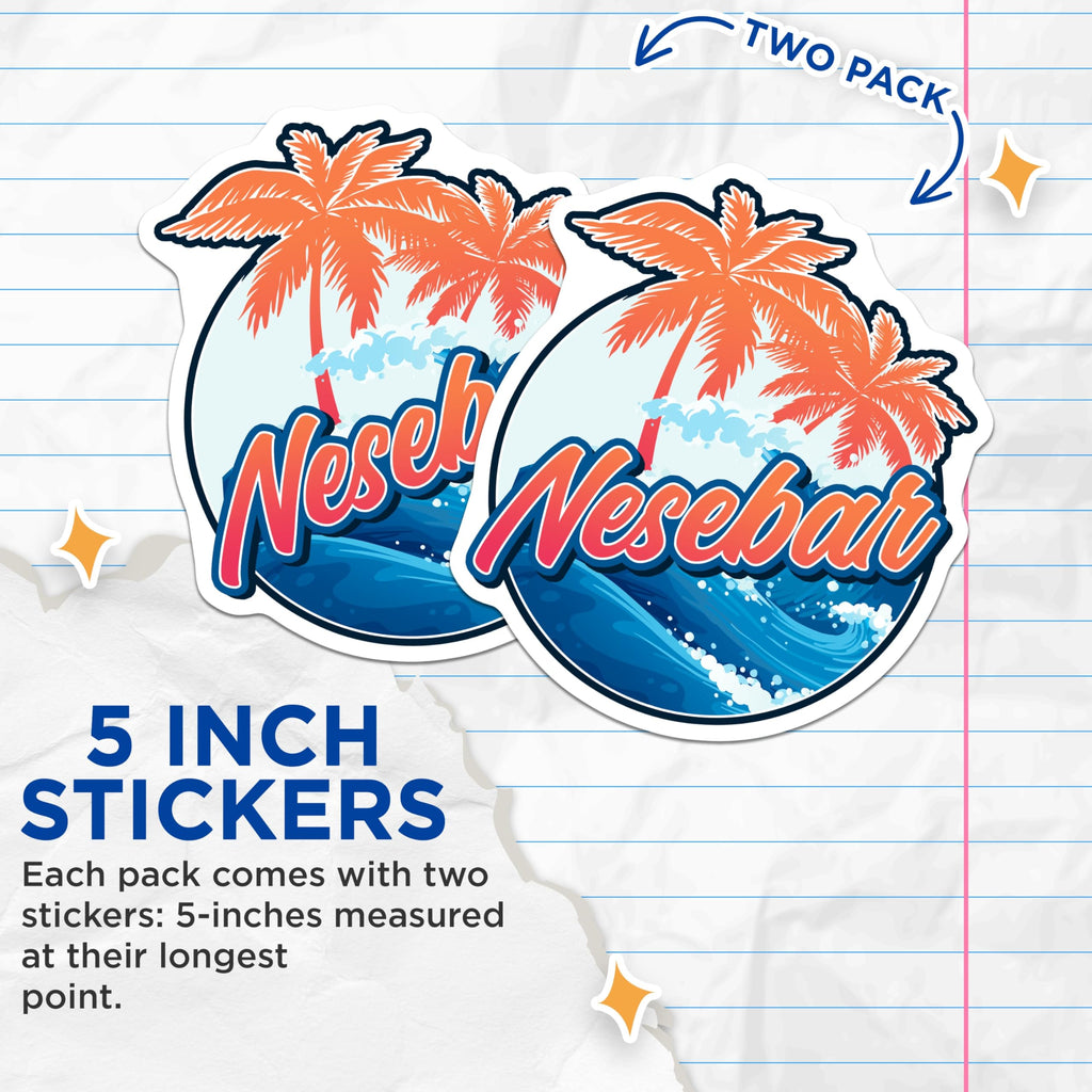 (2 Pack) Nesebar Stickers - Bulgaria Travel Decals - Palm Tree Souvenir - 5" On Longest Side - Sticks to Smooth Flat Surfaces - Made in USA - BMCS17697