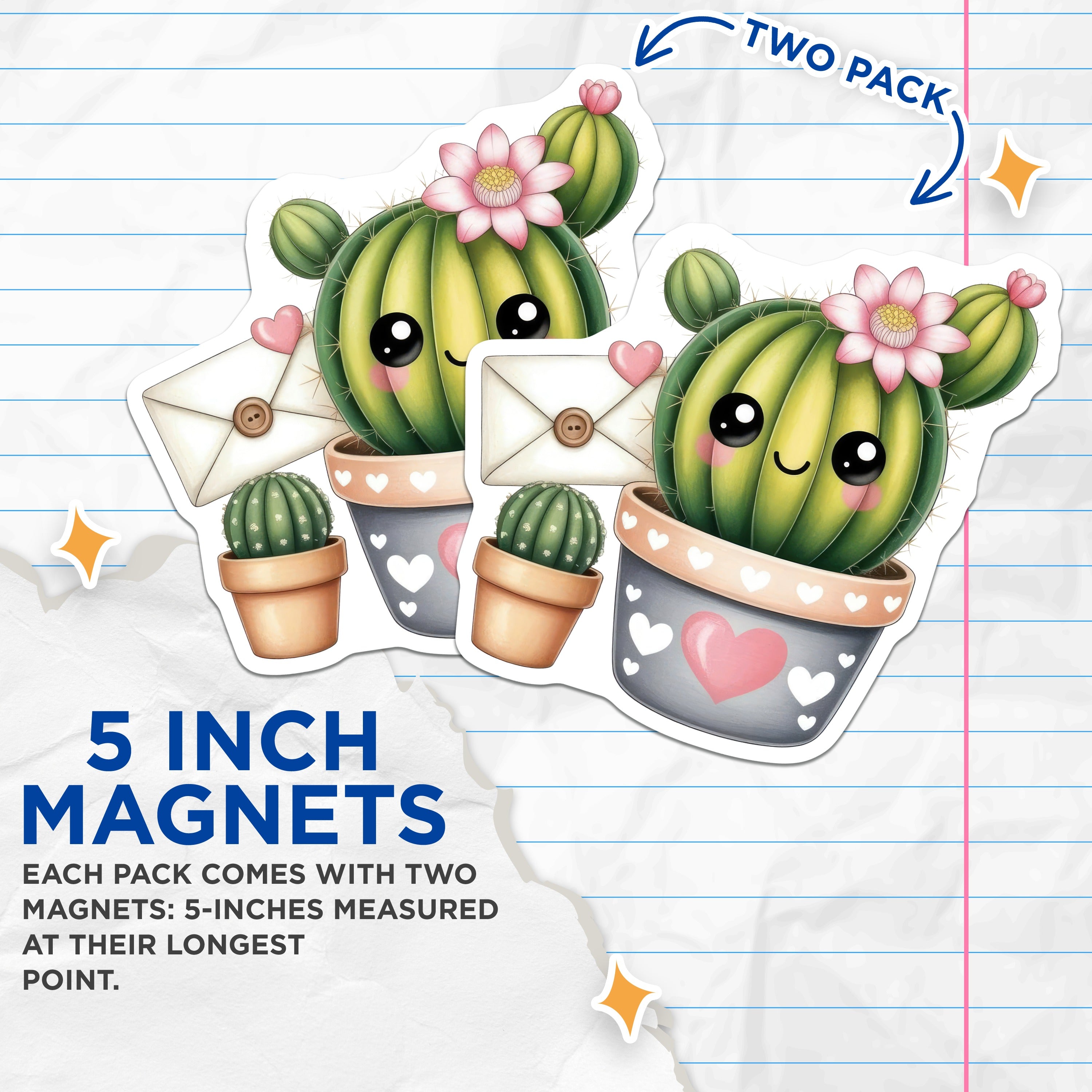 (2 Pack) Cute Cactus Magnets - Kawaii Succulent Decor - Valentine's Day Refrigerator Locker Magnet - 5 Inches On Longest Side - Thick Durable Magnet - Made in USA - MAG39760