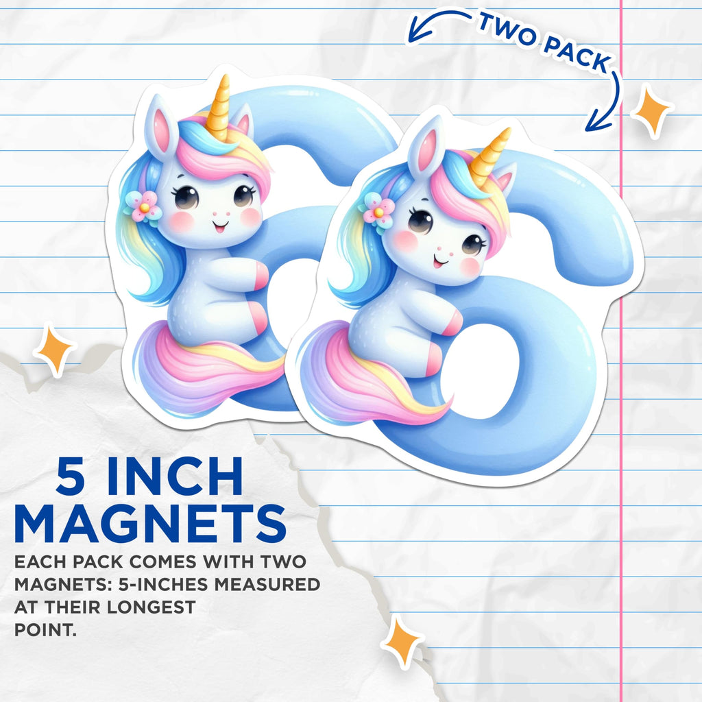 (2 Pack) Unicorn Number 6 Magnets - Cute Cartoon Unicorn Decor - Fridge Locker Magnets - 5" On Longest Side - Premium Magnet - for Cars, Refrigerators, Toolboxes, Lockers - Made in USA - MAG14096