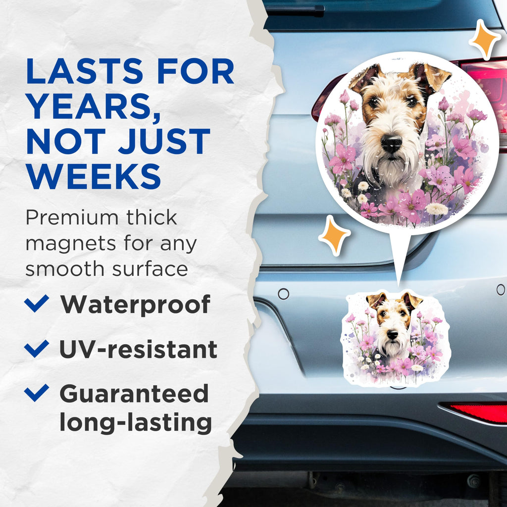 (2 Pack) Wire Fox Terrier Magnets - Floral Dog Refrigerator - Pet Lover Decor - 5 Inches On Longest Side - Thick Durable Magnet - Made in USA - MAG28453