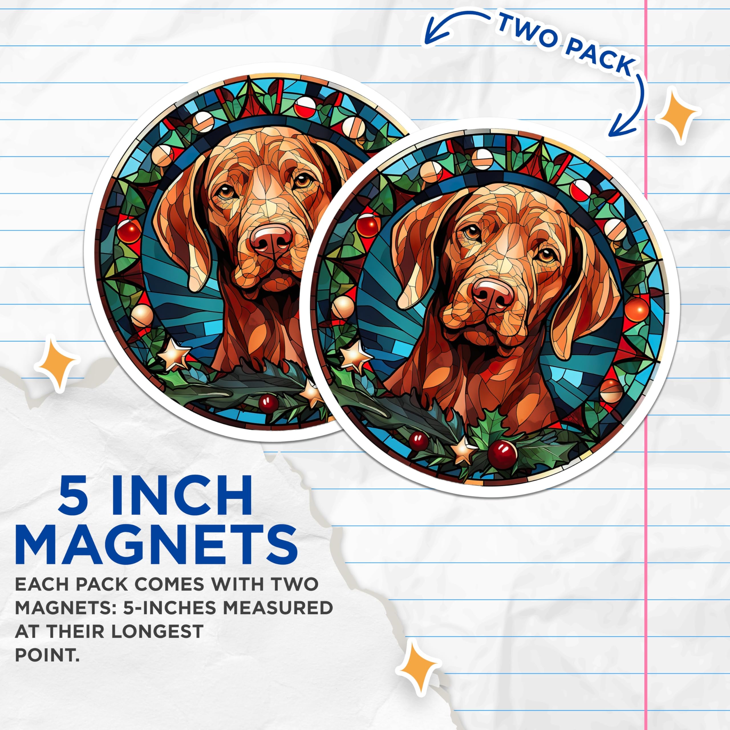 (2 Pack) Vizsla Dog Stained Glass Magnets - Christmas Dog Decor - Holiday Pet Lover Art - 5 Inches On Longest Side - Thick Durable Magnet - Made in USA - MAG28426
