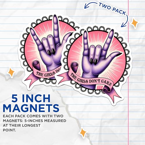 (2 Pack) Rock On Magnets Magnets - Girls Don't Care Design - Hand Gesture Magent Set - 5" On Longest Side - Made in USA - Sticks to Refrigerators & Metal Surfaces - MAG8342