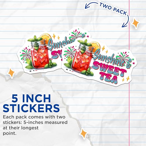 (2 Pack) Sunshine and Sweet Tea Stickers - Retro Iced Tea - Summer Vibes Hydration - 5" On Longest Side - Sticks to Smooth Flat Surfaces - Made in USA - BMCS8312