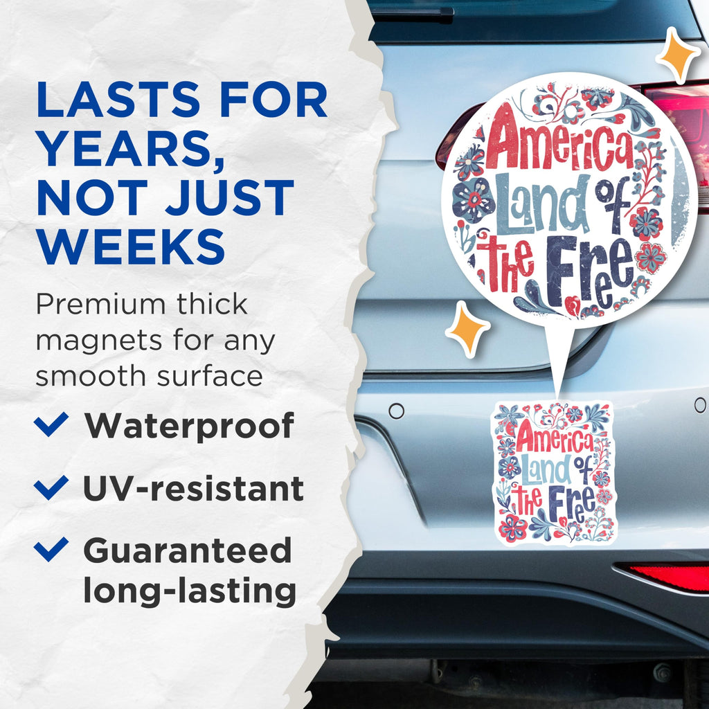 (2 Pack) America Land of The Free Magnets - Patriotic Folk Art Decor - Fourth of July Statement - 5 Inches On Longest Side - Thick Durable Magnet - Made in USA - MAG21157