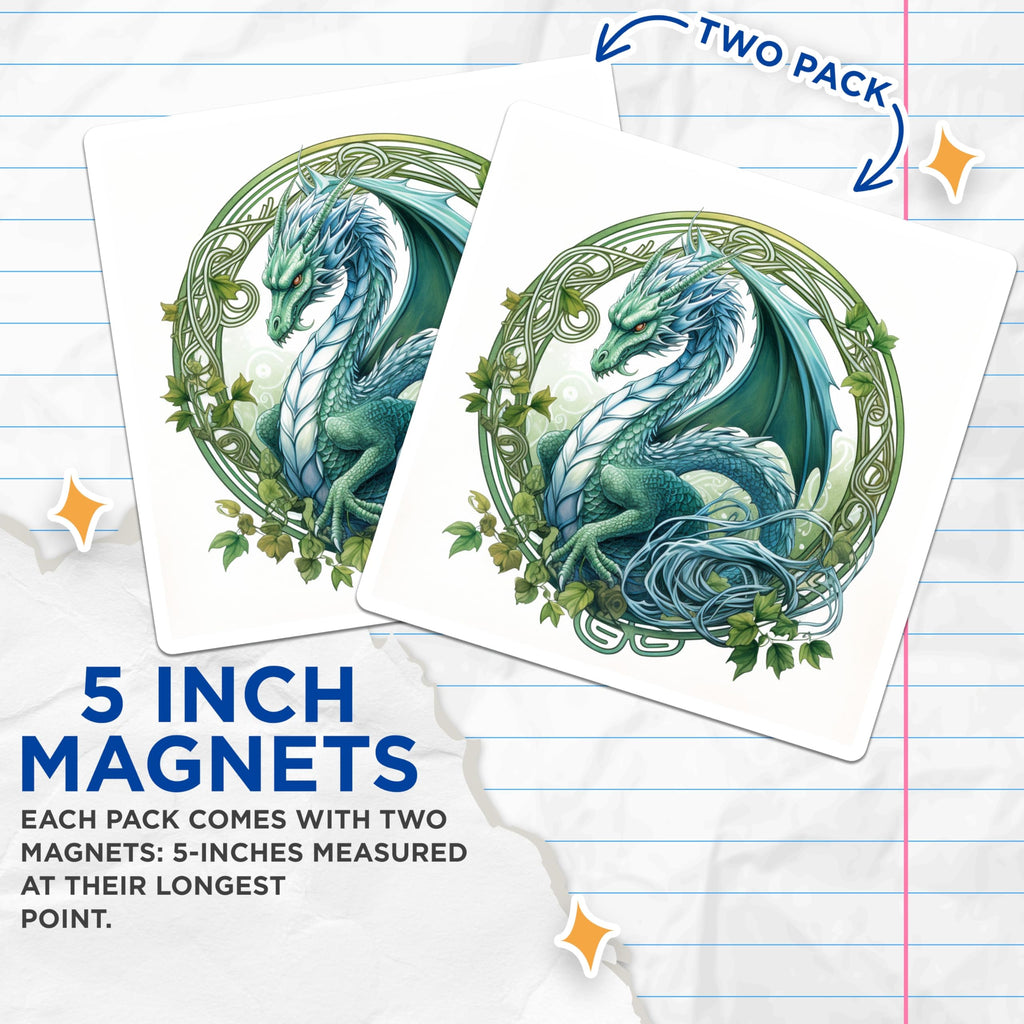 (2 Pack) Fantasy Dragon Magnets - Celtic Knot Art - Mythical Creature Decor - 5 Inches On Longest Side - Thick Durable Magnet - Made in USA - MAG27965
