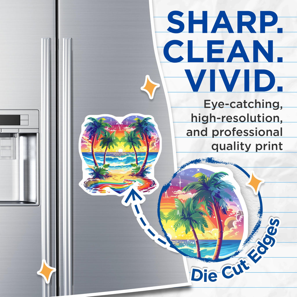 (2 Pack) Tropical Beach Magnets Heart Shaped - Vibrant Ocean Sunset Scene - Palm Tree Summer Vibe - 5 Inches On Longest Side - Thick Durable Magnet - Made in USA - MAG25229