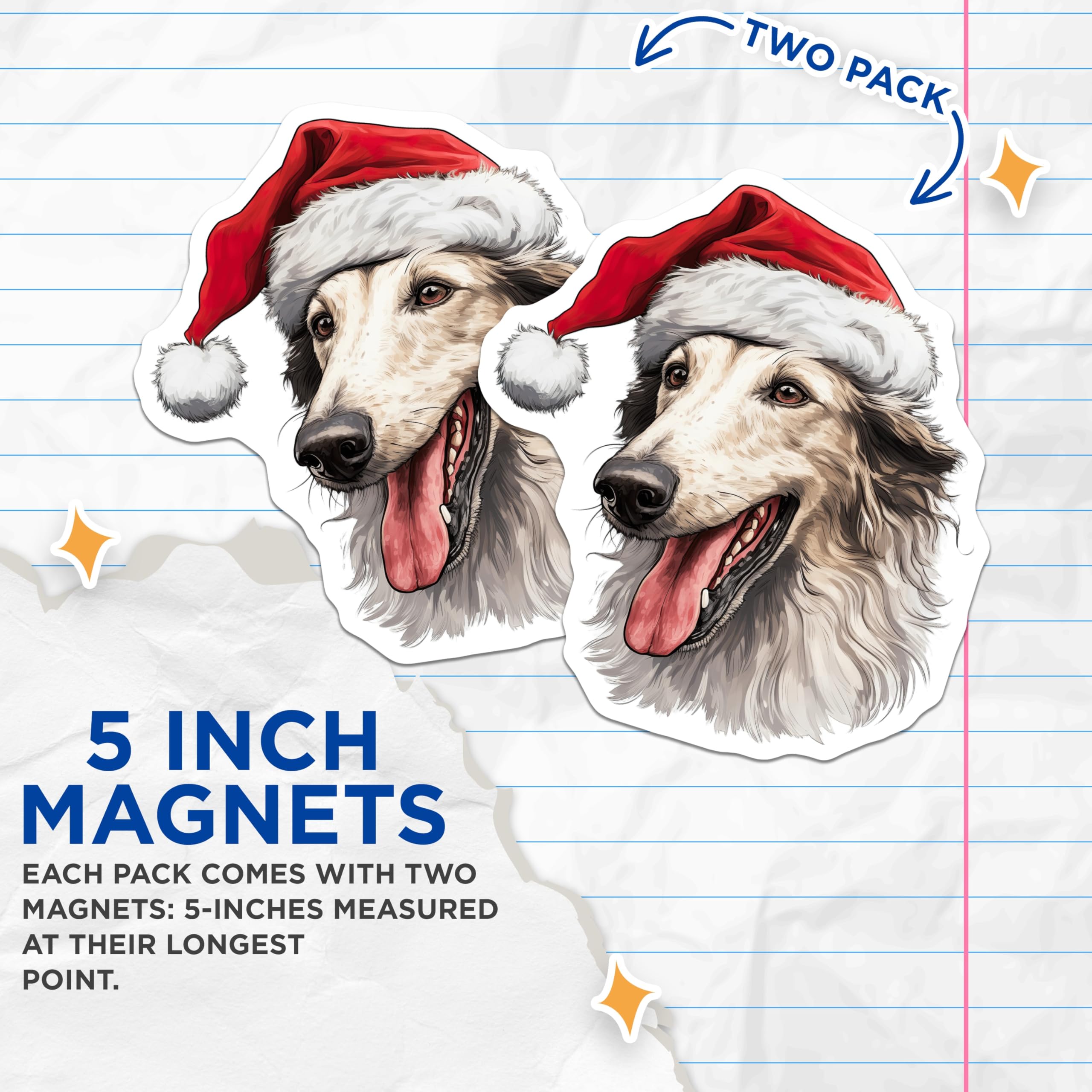 (2 Pack) Christmas Borzoi Magnets - Santa Dog Decor - Holiday Canine Fridge Art - 5 Inches On Longest Side - Thick Durable Magnet - Made in USA - MAG24473