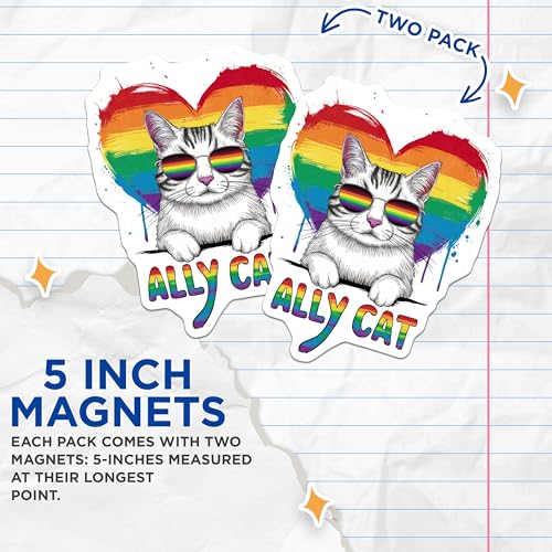 (2 Pack) Rainbow Heart Cat Magnet - 5" On Longest Side - Sticks to Smooth Flat Surfaces - Made in USA - MAG9559