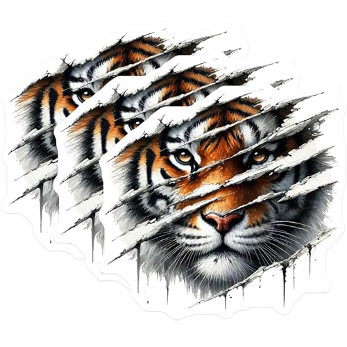 (3 Pack) Tiger Decals - Ripped Design Decals - Laptop Decal- 3 Inches On Longest Side - Easy Peel & Apply - Made in USA - 3MCS5027