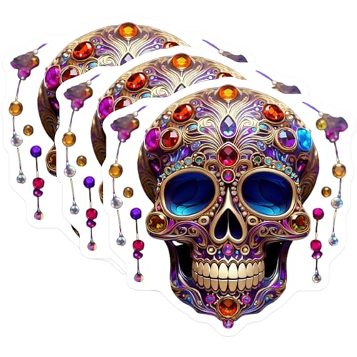 (3 Pack) Jeweled Skull Decals - Sugar Skull Sticker - Day of The Dead Laptop Decal - 3 Inches On Longest Side - Easy Peel & Apply - Made in USA - 3MCS7368