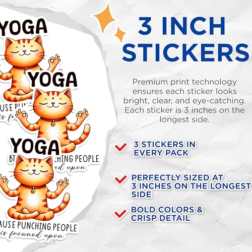 (3 Pack) Yoga Cat Decals - Funny Kitten - Zen Kitty - Laptop Decals - 3 Inches On Longest Side - Easy Peel & Apply - Made in USA - 3MCS1301
