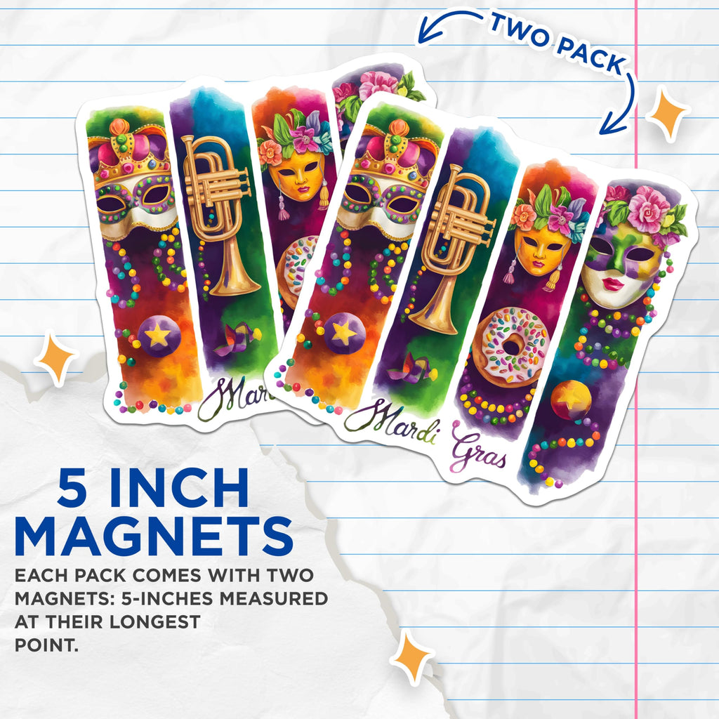 (2 Pack) Mardi Gras Masks Magnets - New Orleans Decor - Party Celebration - 5" On Longest Side - Premium Magnet - for Cars, Refrigerators, Toolboxes, Lockers - Made in USA - MAG15781