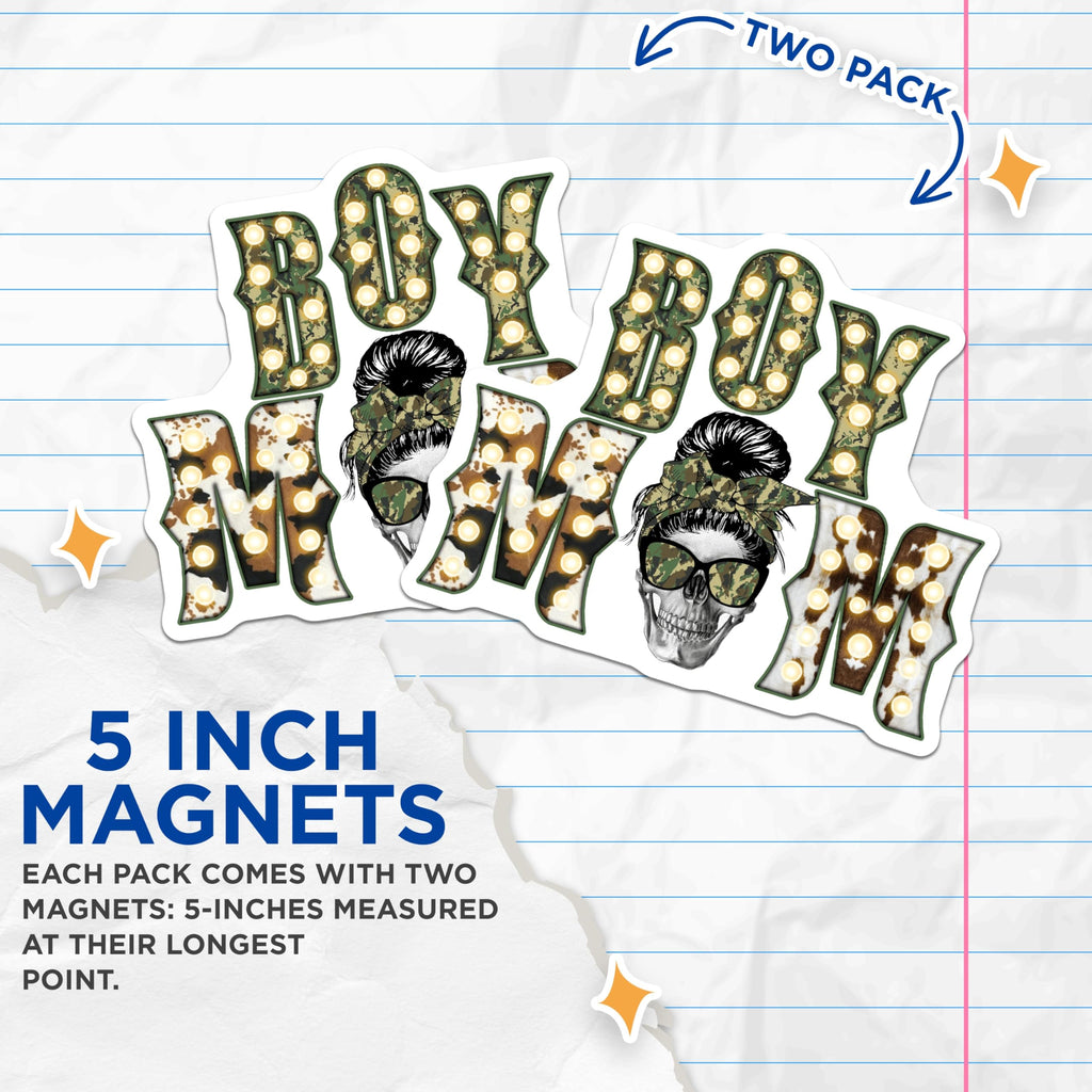 (2 Pack) Boy Mom Magnets - Camo Skull Mom Messy Bun - Western Farmhouse Decor Accent - 5 Inches On Longest Side - Thick Durable Magnet - Made in USA - MAG30401