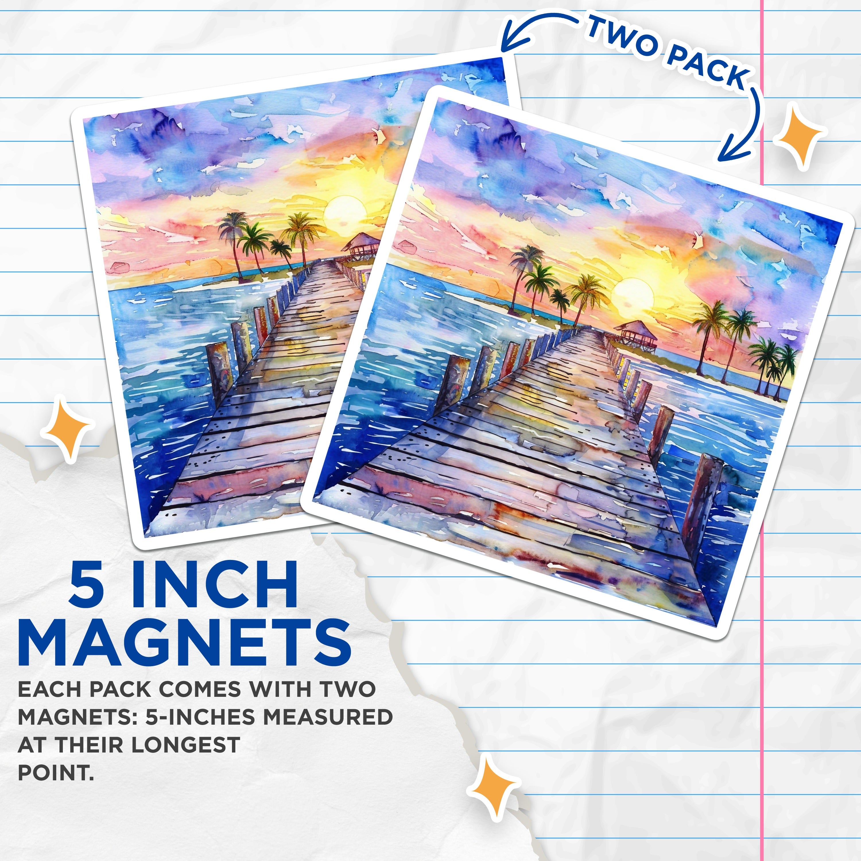 (2 Pack) Tropical Sunset Magnets - Watercolor Beach Decor - Ocean Pier Art Accent - 5 Inches On Longest Side - Thick Durable Magnet - Made in USA - MAG39992